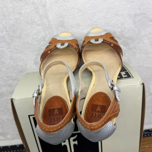 FRYE Agnes Woven Leather Silver Brown Peep Toe Heel Sandals Sz 6.5M MSRP $198 - Picture 10 of 10
